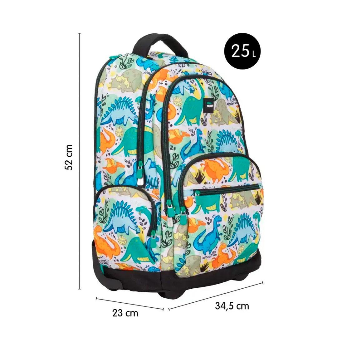 MILAN - Mochila Escolar con Ruedas y 6 Cremalleras, Acolchada y para Portatil. Serie Dinos