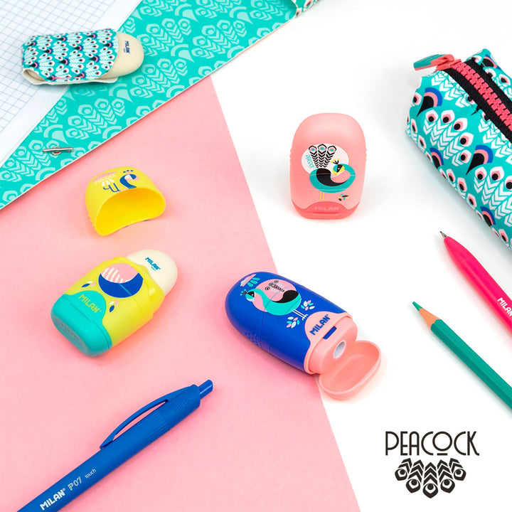 MILAN CAPSULE Peacock - Caja Expositora Afilaborra. Combinación de Goma y Sacapuntas. Colores Surtidos.