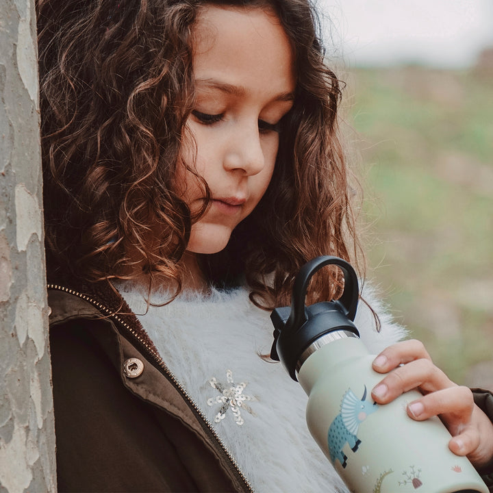 Runbott Marta Munté - Botella Térmica Infantil de 0.35L con Interior Cerámico. Dinos Verde