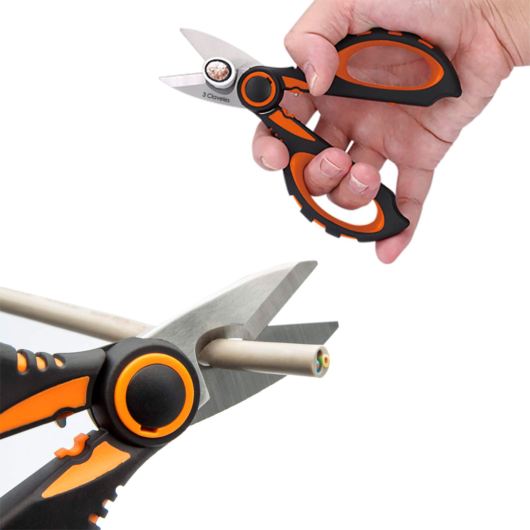 3 Claveles - Tijeras de Electricista Multifunción Profesionales 16 cm - 6.3" Mango Aislante