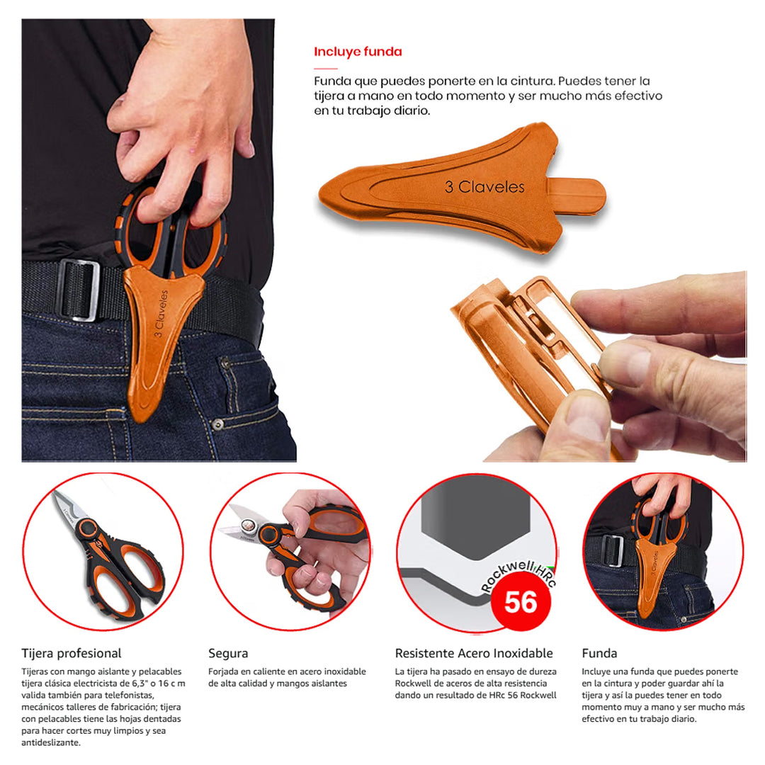 3 Claveles - Tijeras de Electricista Multifunción Profesionales 16 cm - 6.3" Mango Aislante
