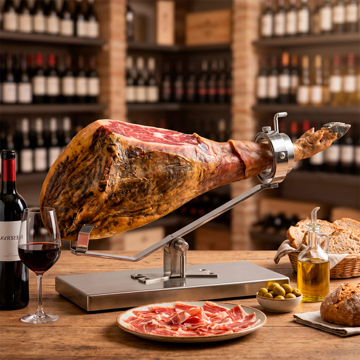 BELLO Mulhacén - Soporte Jamonero Basculante en Acero Inoxidable con Cabezal Giratorio