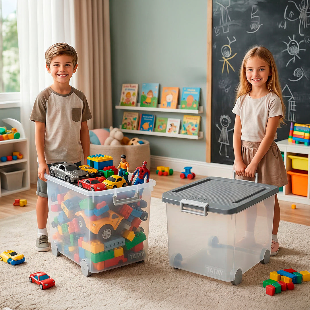 TATAY - Caja de Ordenación Multiusos de 60L con Cierre Hermético, Ruedas y Asas. Gris