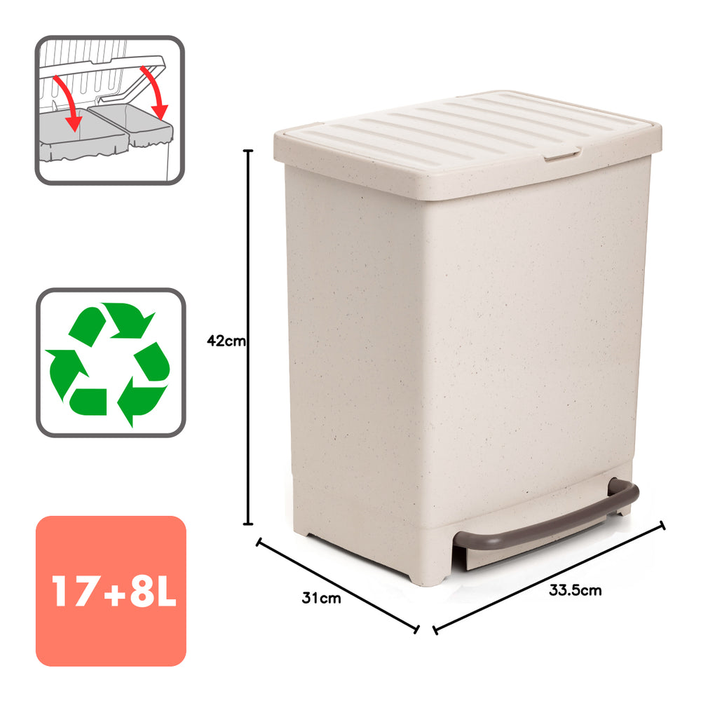 TATAY - Cubo de Basura 25L con 2 compartimentos de 17+8L de Reciclaje con Pedal. Eco Home