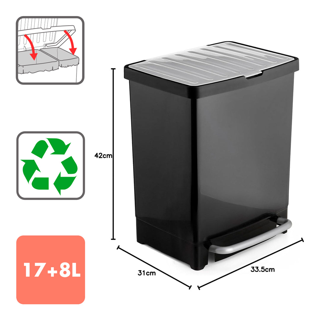 TATAY - Cubo de Basura 25L con 2 compartimentos de 17+8L de Reciclaje con Pedal. Negro