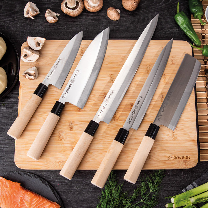 3 Claveles NIPON - Kit Cuchillos Medianos Tipo Japonés Acero Inoxidable y Mango de Arce