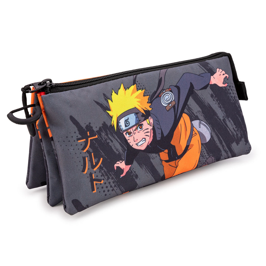 NARUTO Shurike - Estuche Escolar Triple Portatodo con 2 Cremalleras. Gris