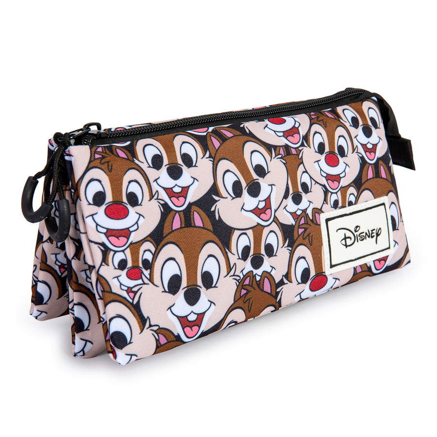 DISNEY Chip y Chop - Estuche Escolar Triple Portatodo con 2 Cremalleras. Marrón