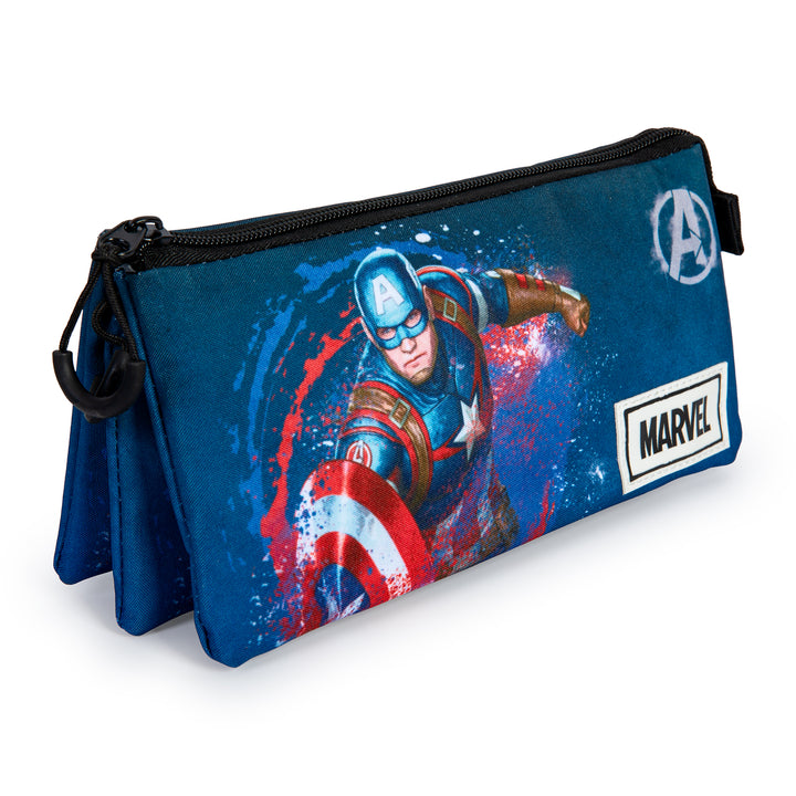 MARVEL Capitán América - Estuche Escolar Triple Portatodo con 2 Cremalleras. Azul