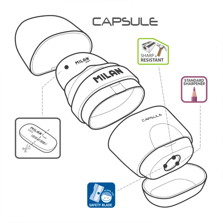 MILAN CAPSULE Peacock - Caja Expositora Afilaborra. Combinación de Goma y Sacapuntas. Colores Surtidos.