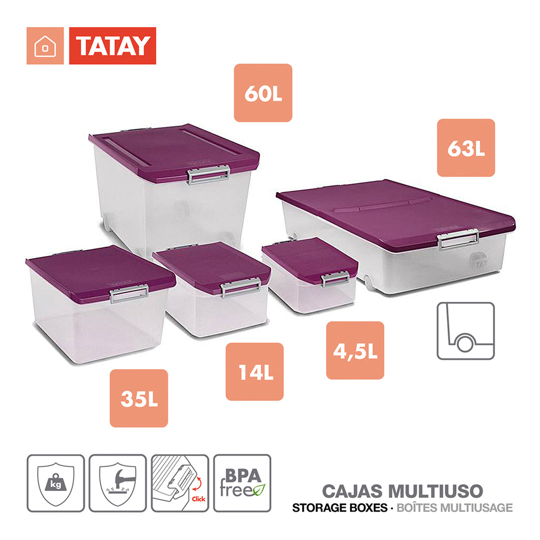 TATAY - Caja de Ordenación Multiusos de 60L con Cierre Hermético, Ruedas y Asas. Azul Paloma