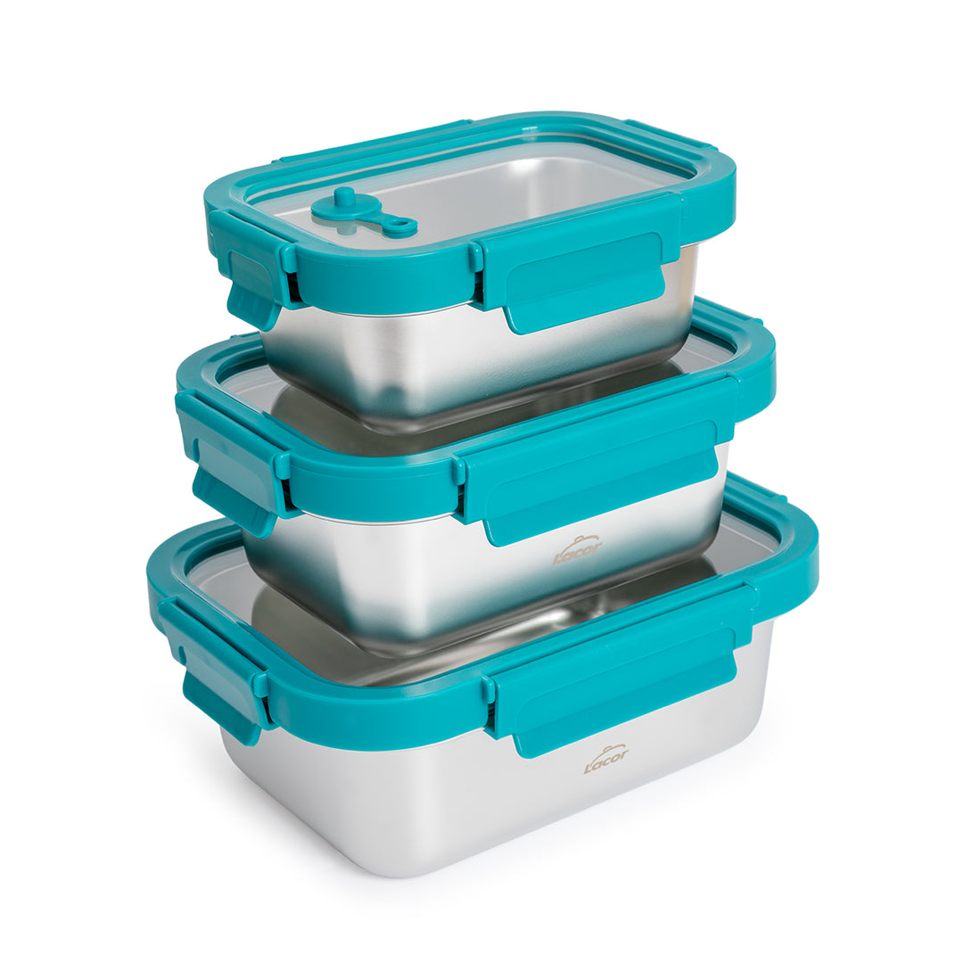 LACOR Etern - Lote de 3 Recipientes Rectangulares de 0.5L, 0.8L y 1.2L en Acero y Cristal Apto Microondas