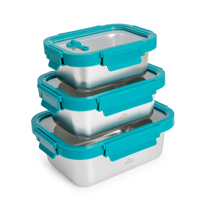 LACOR Etern - Lote de 3 Recipientes Rectangulares de 0.5L, 0.8L y 1.2L en Acero y Cristal Apto Microondas