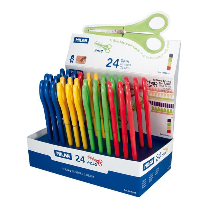 MILAN 1409824 - Tijeras Escolares con Funda y Regla, 14.7 cm