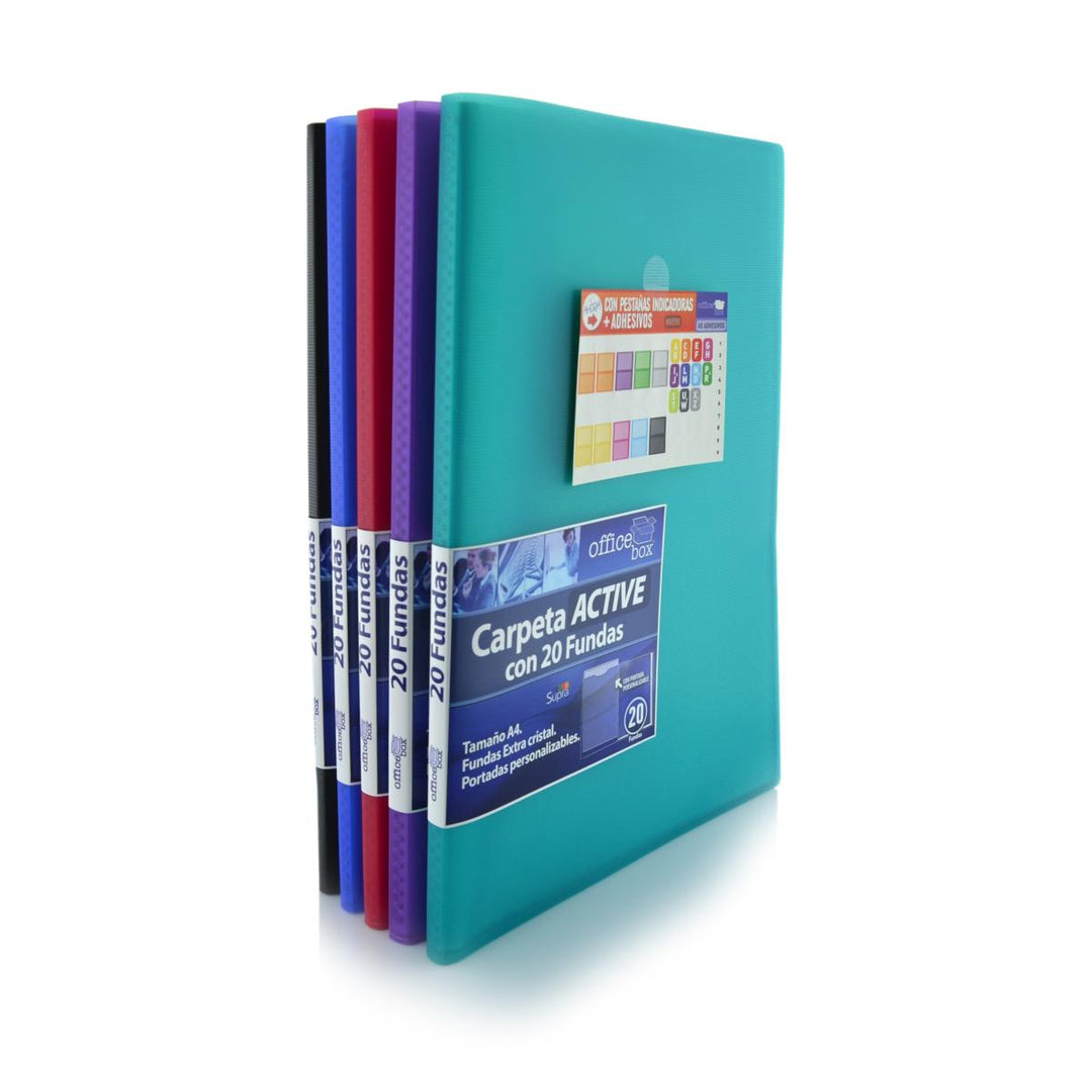 Office Box Supra - Carpeta Active de 20 Fundas A4 con Adhesivos Incluidos. Colores Surtidos