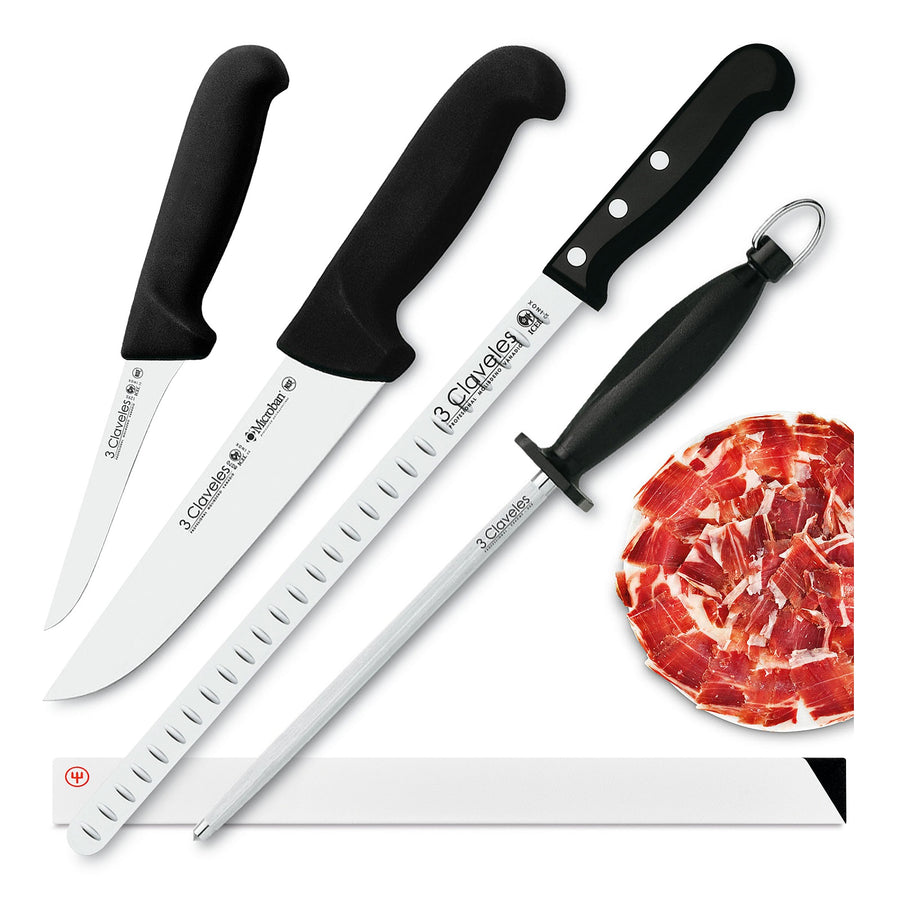 3 Claveles Gourmet - Kit Profesional de Cuchillo Jamonero Deshuesadores Chaira y Funda