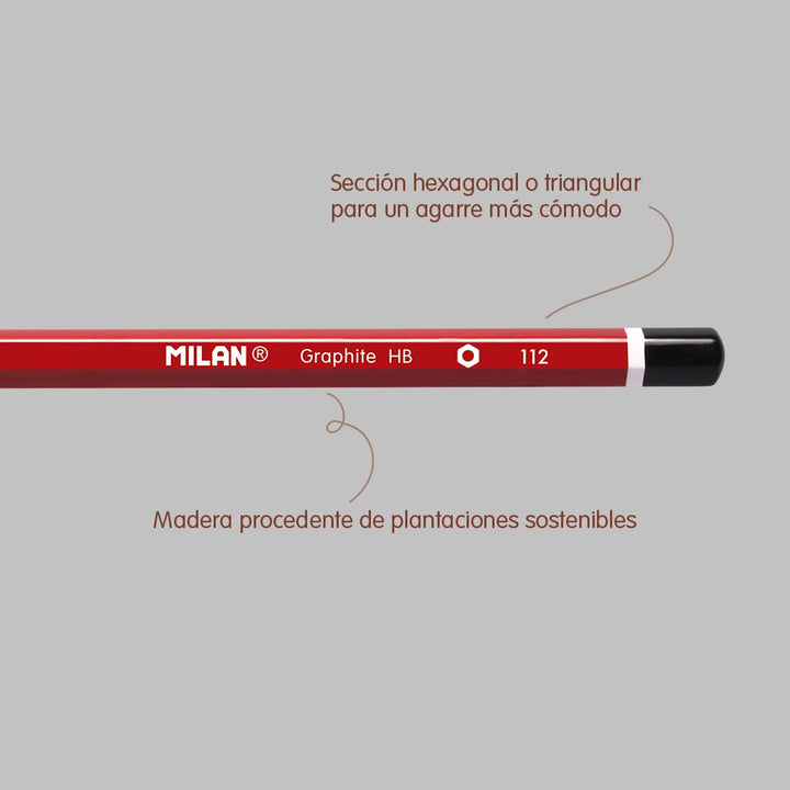 MILAN - Caja 12 Lápices de Grafito HB Hexagonales con Goma