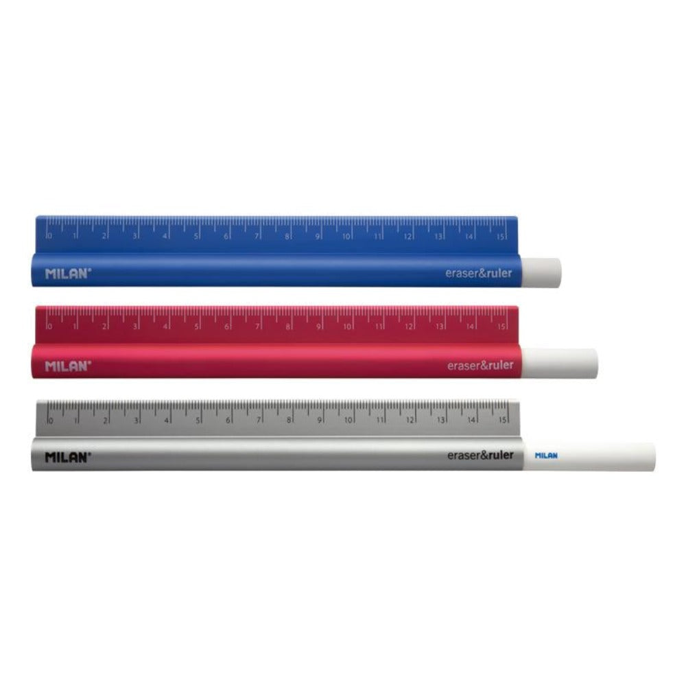 MILAN 352910 - Eraser & Ruler, Combinación de Goma y Regla de Metal de 15 cm