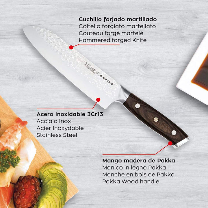 3 Claveles Kimura- Juego de 5 Cuchillos de Acero Forjado Hoja Martilleada Mango Pakka