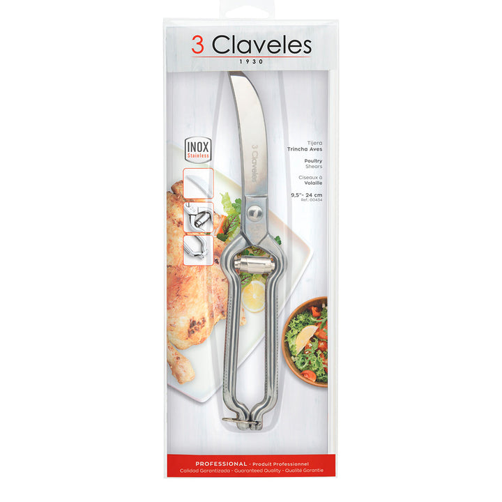 3 Claveles - Tijera Trincha Aves Profesional Microdentada de 9.5" 24 cm. Acero Inoxidable
