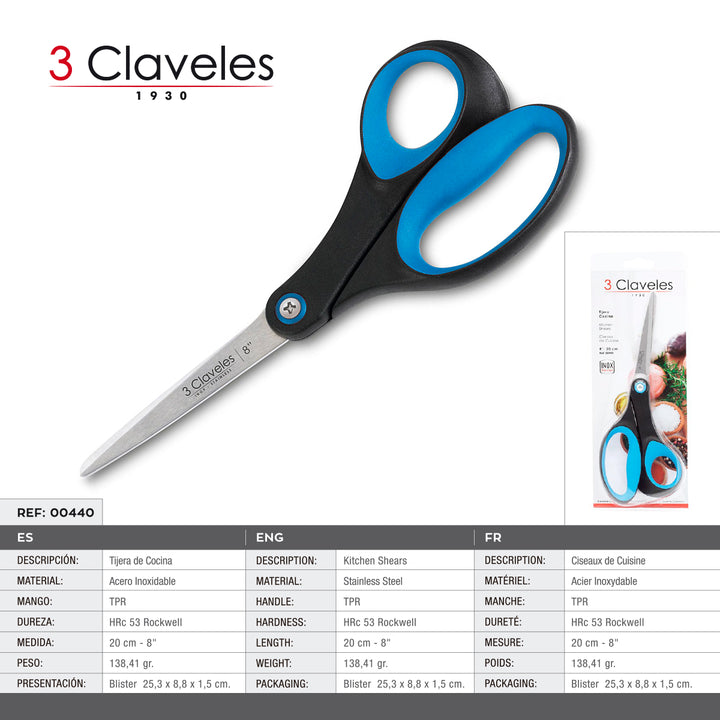 3 Claveles - Tijera de Cocina Micro Dentada 8" 20 cm. Acero Inoxidable y Mango Soft Grip
