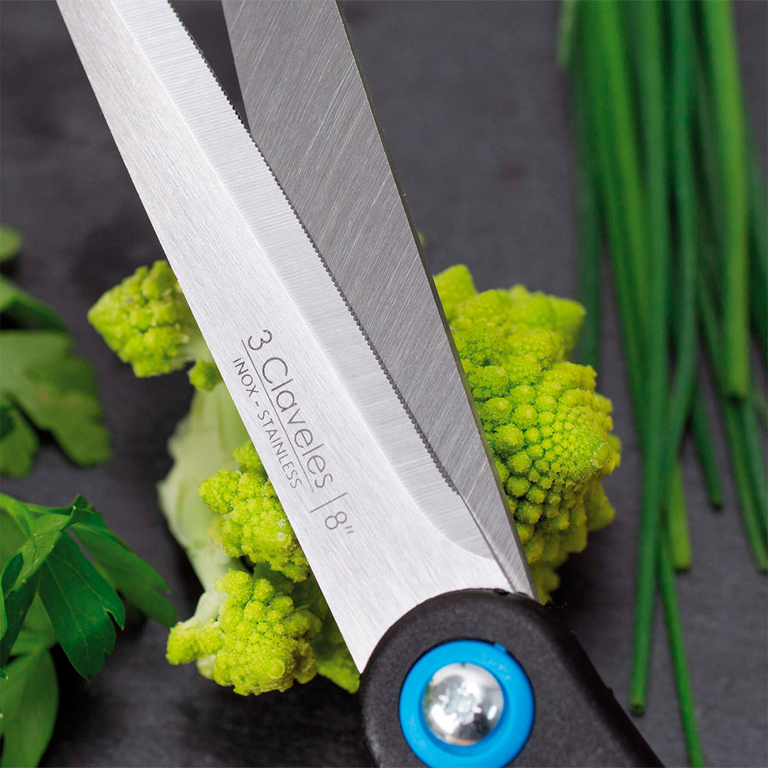 3 Claveles - Tijera de Cocina Micro Dentada 8" 20 cm. Acero Inoxidable y Mango Soft Grip