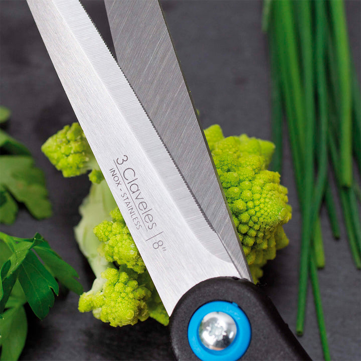 3 Claveles - Tijera de Cocina Micro Dentada 8" 20 cm. Acero Inoxidable y Mango Soft Grip