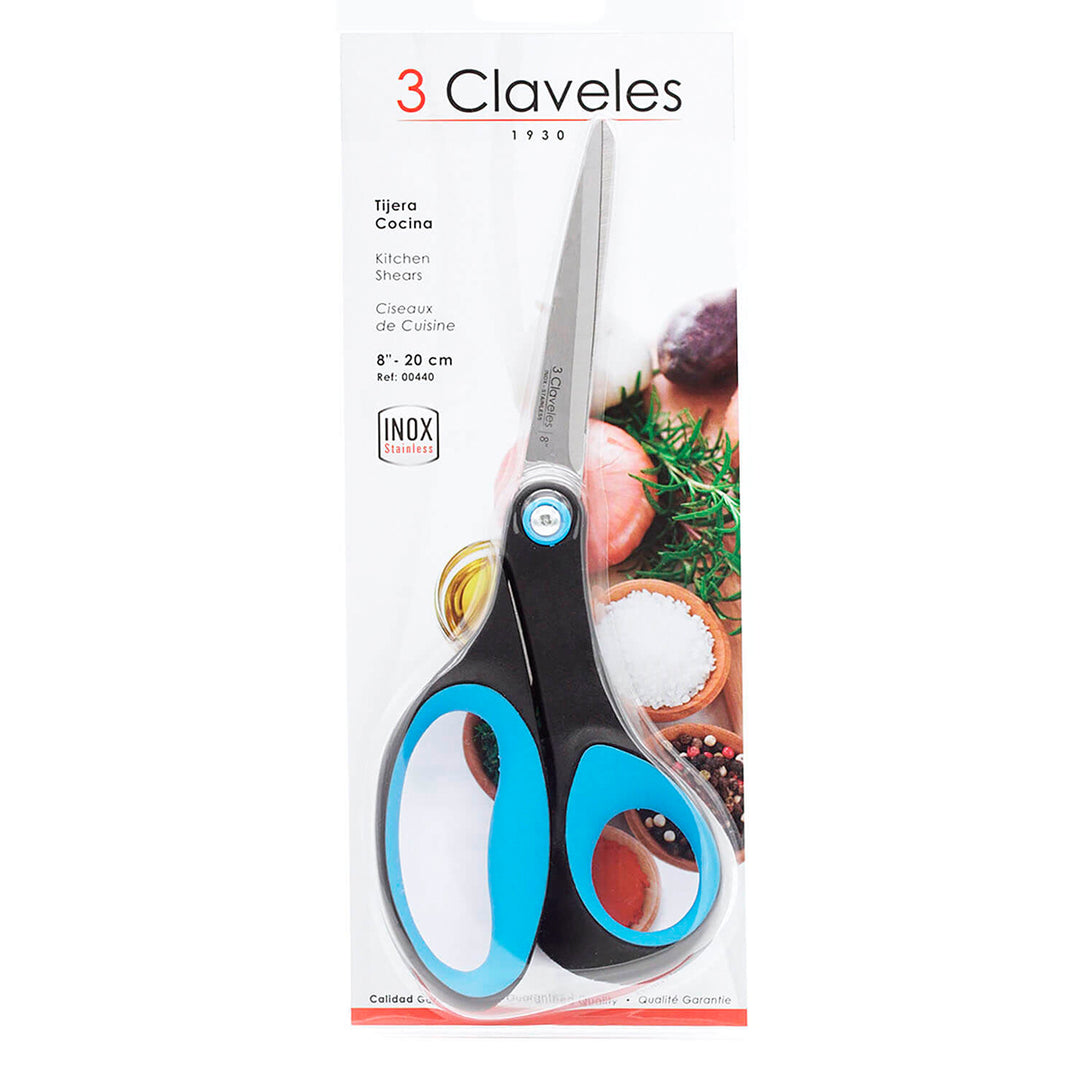 3 Claveles - Tijera de Cocina Micro Dentada 8" 20 cm. Acero Inoxidable y Mango Soft Grip