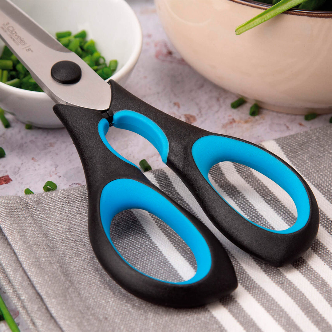 3 Claveles - Tijera de Cocina Ergo Micro Dentada 8" 20 cm. Acero Inox. y Mango Soft Grip
