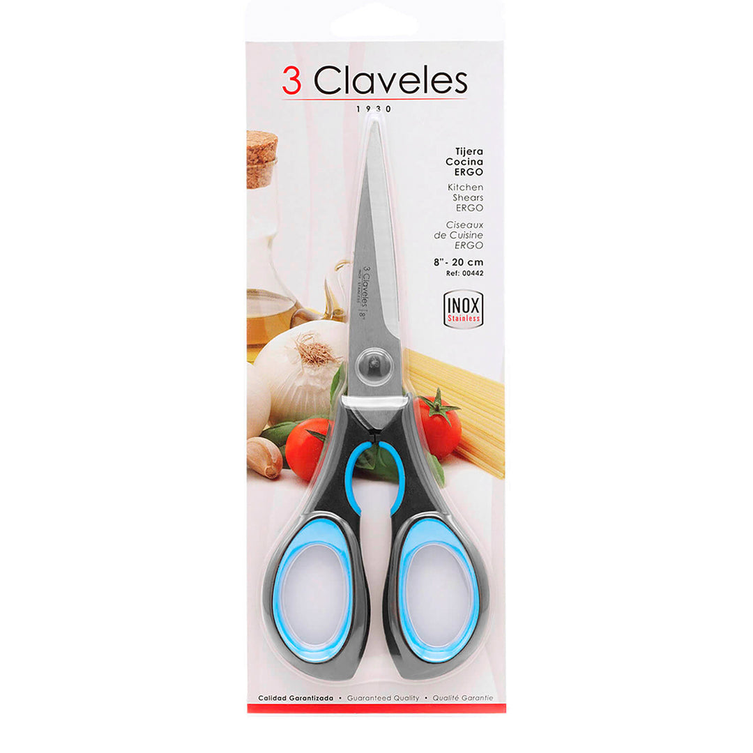 3 Claveles - Tijera de Cocina Ergo Micro Dentada 8" 20 cm. Acero Inox. y Mango Soft Grip