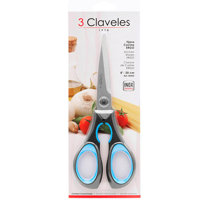 3 Claveles - Tijera de Cocina Ergo Micro Dentada 8" 20 cm. Acero Inox. y Mango Soft Grip
