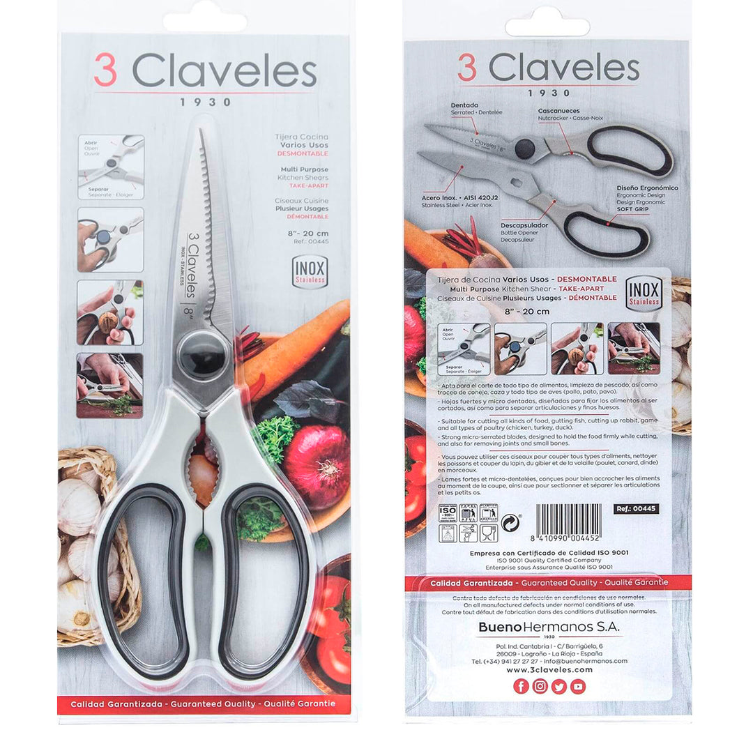 3 Claveles - Tijera de Cocina Multifunción Desmontable 8" 20 cm. Acero Inox. Mango ABS