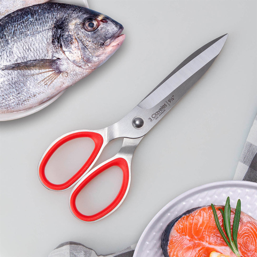 3 Claveles - Tijera Pescado Ergonómica Zurdos Prof. Micro Dentada de 9.5" 24 cm. Acero Inox.