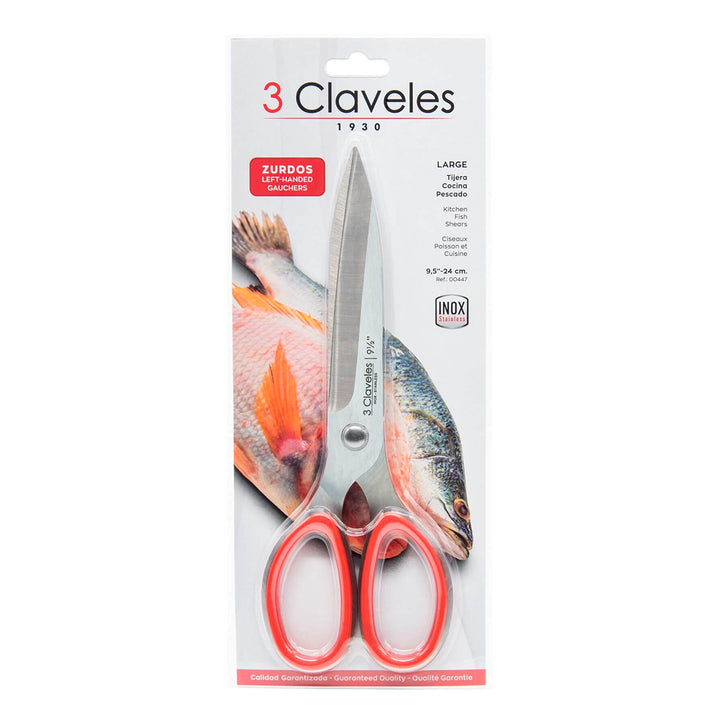 3 Claveles - Tijera Pescado Ergonómica Zurdos Prof. Micro Dentada de 9.5" 24 cm. Acero Inox.