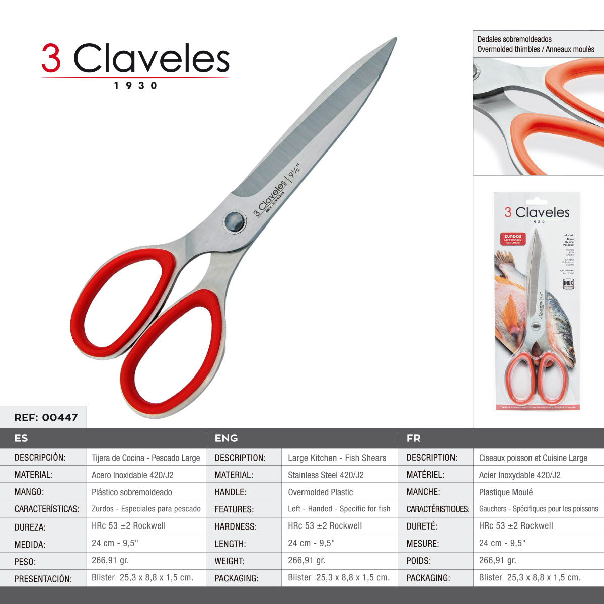 3 Claveles - Tijera Pescado Ergonómica Zurdos Prof. Micro Dentada de 9.5" 24 cm. Acero Inox.