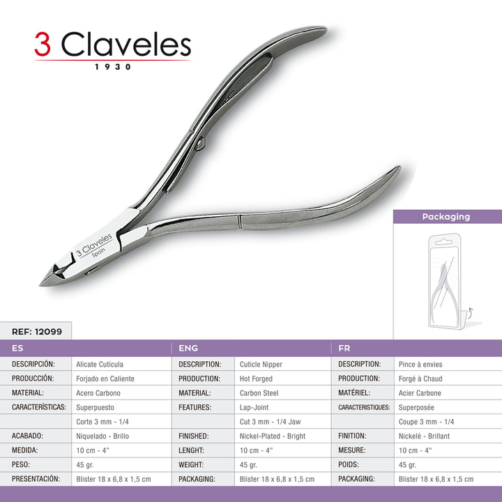 3 Claveles - Alicate para Cutículas 10 cm. Acero al Carbono Forjado en Caliente