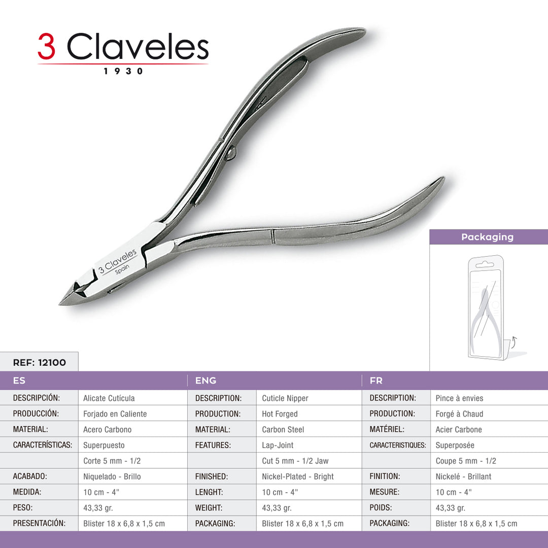 3 Claveles - Alicate para Cutículas 10 cm Corte 5 mm. Acero al Carbono Forjado en Caliente