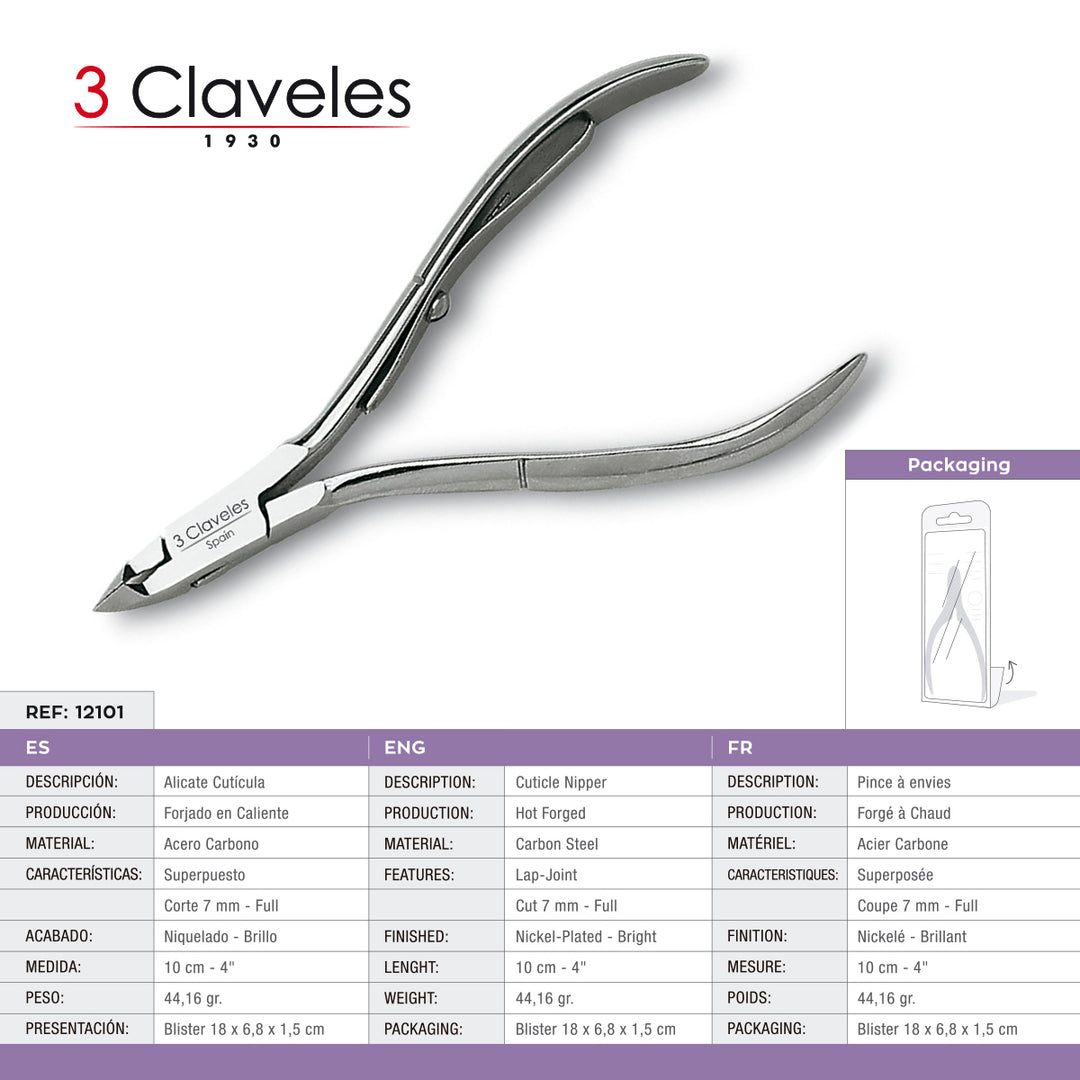 3 Claveles - Alicate para Cutículas 10 cm Corte 7 mm. Acero al Carbono Forjado en Caliente