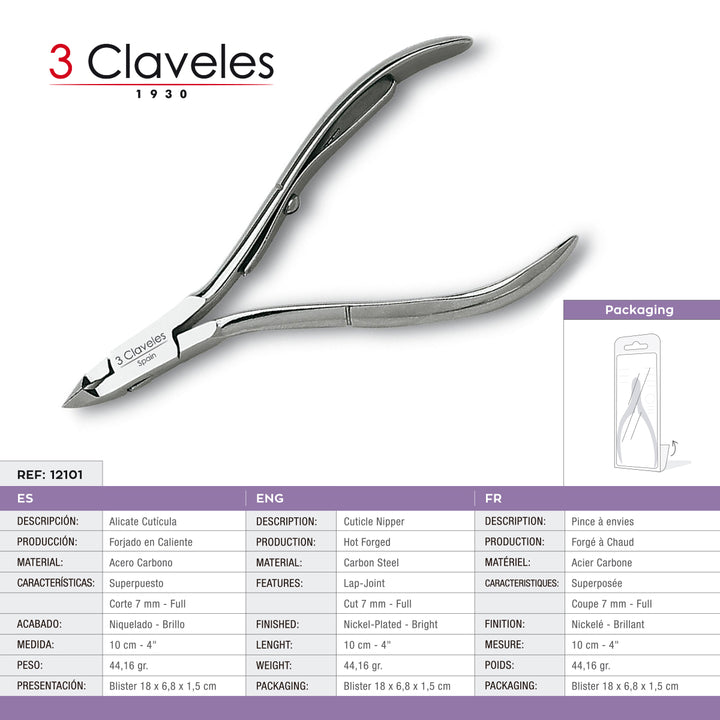 3 Claveles - Alicate para Cutículas 10 cm Corte 7 mm. Acero al Carbono Forjado en Caliente