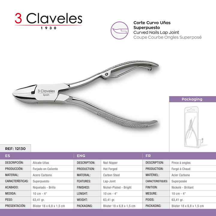 3 Claveles - Alicate de Uñas Curvo de 10 cm. Acero al Carbono Forjado en Caliente