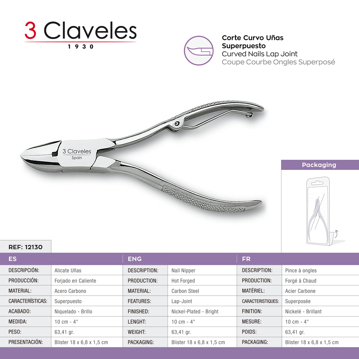 3 Claveles - Alicate Uñas 12 cm. Acero al Carbono Forjado en Caliente Acabado Niquelado