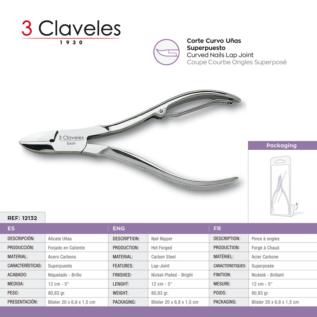 3 Claveles - Alicate de Uñas 12 cm. Acero Inoxidable Fundición a Presión
