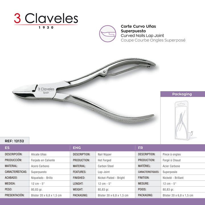 3 Claveles - Alicate de Uñas 12 cm. Acero Inoxidable Fundición a Presión