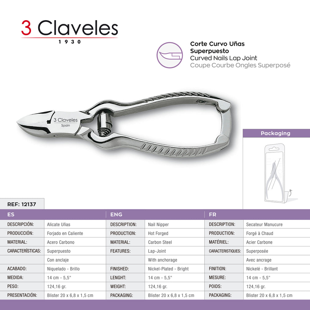 3 Claveles - Alicate Pedicuro Americano 14 cm. Acero al Carbono Forjado en Caliente