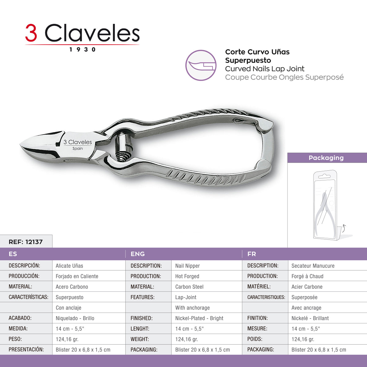 3 Claveles - Alicate Pedicuro Americano 14 cm. Acero al Carbono Forjado en Caliente