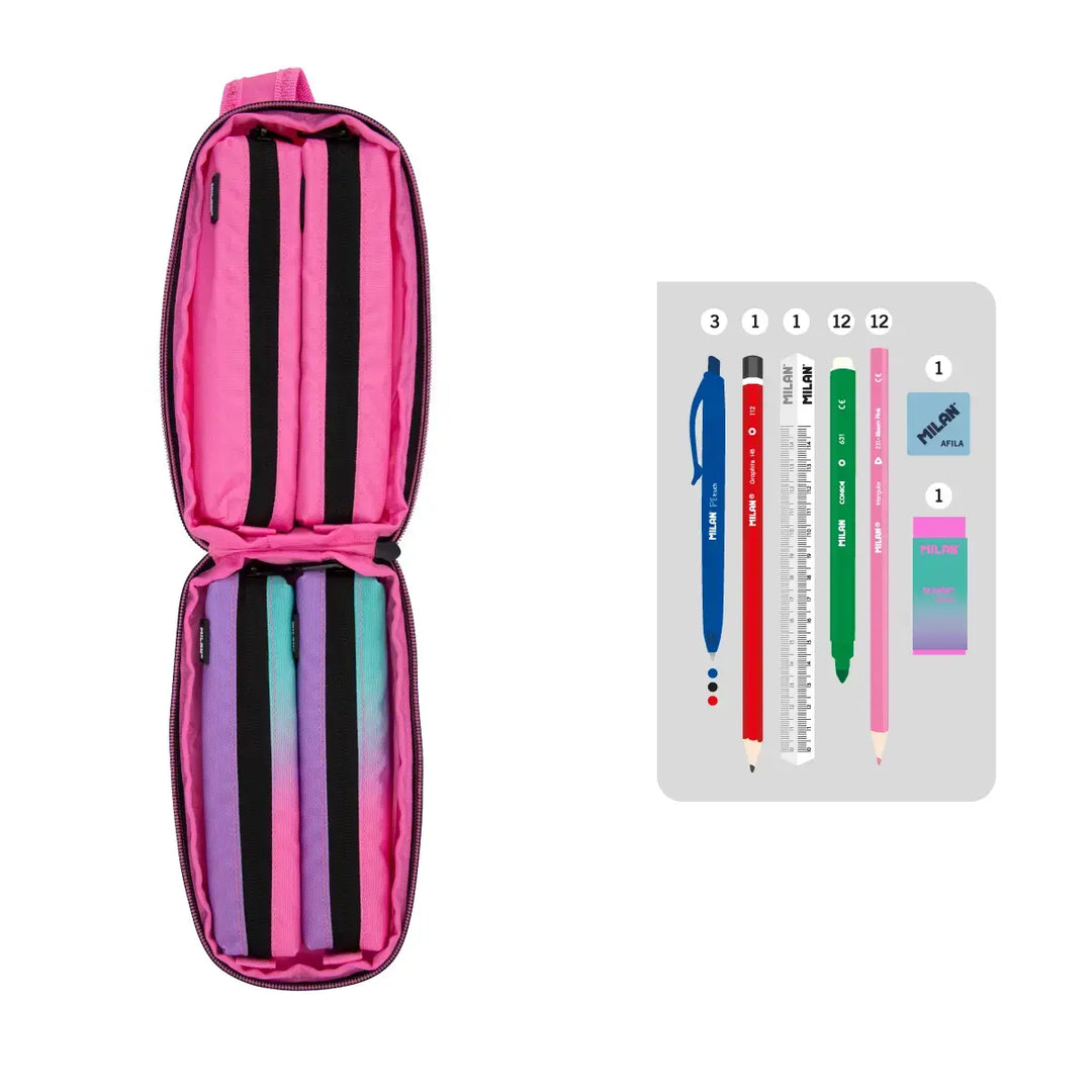 MILAN - Kit de 4 Estuches con Contenido de 31 Piezas de Material Escolar. Sunset Rosa