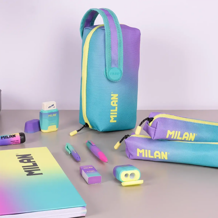 MILAN - Kit de 4 Estuches con Contenido de 31 Piezas de Material Escolar. Sunset Verde