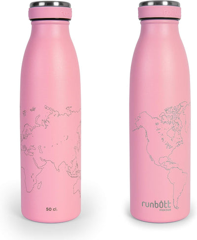 Runbott City Worldmap- Botella Térmica de 0.5L en Acero Inoxidable 316 y Silicona. Rosa