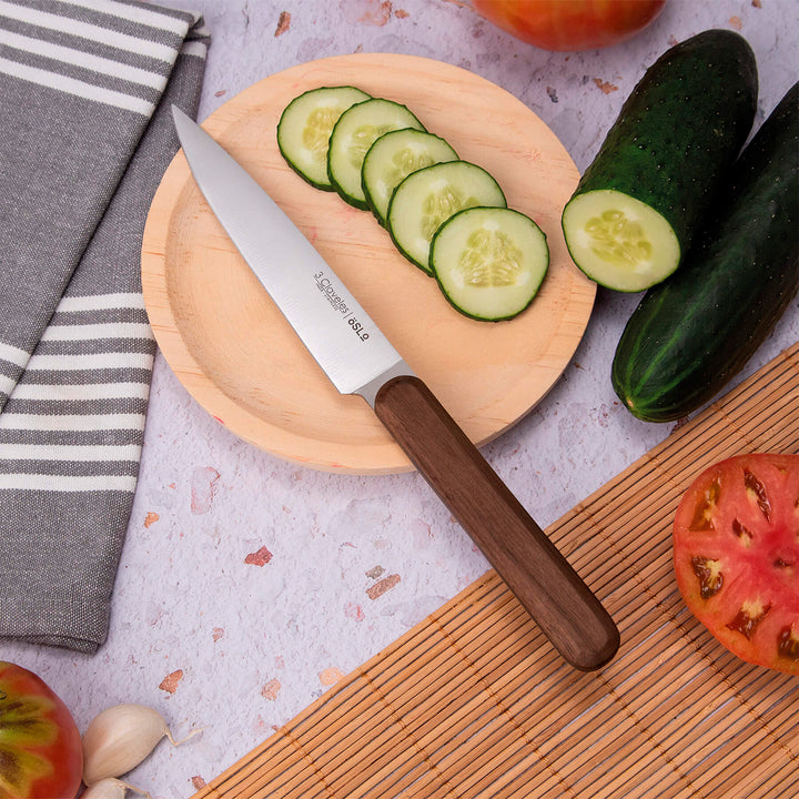 3 Claveles Oslo - Cuchillo Cocina 13 cm Acero Estampado y Mango en Madera de Nogal