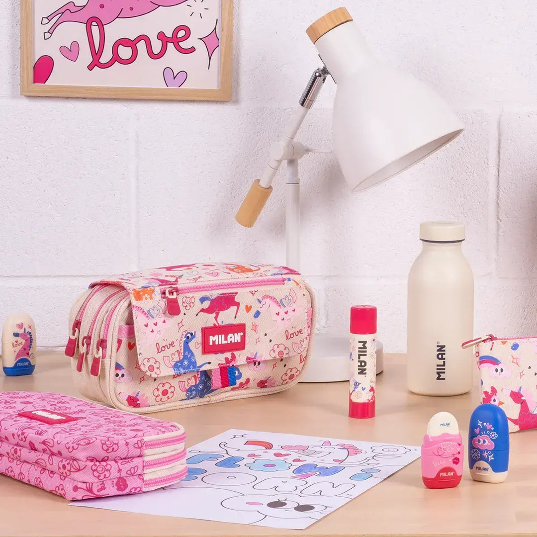 Milan Flowicorn - Estuche Portatodo Triple con Cuatro Cremalleras para Material Escolar